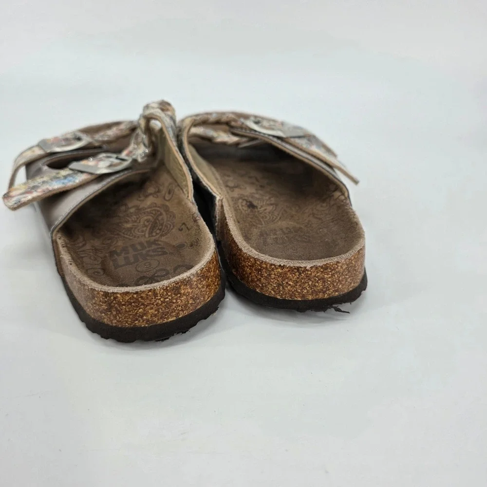 Muk Luks Slide Sandals Silver Multicolor Braided Metallic Cork Slip on Boho sz 9